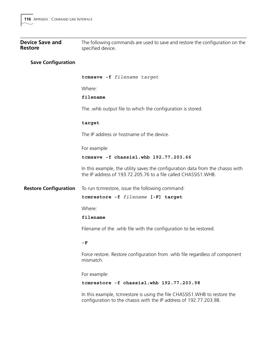 Device save and restore, Save configuration, Restore configuration | Save configuration restore configuration | 3Com CommWorks 5210 User Manual | Page 116 / 144