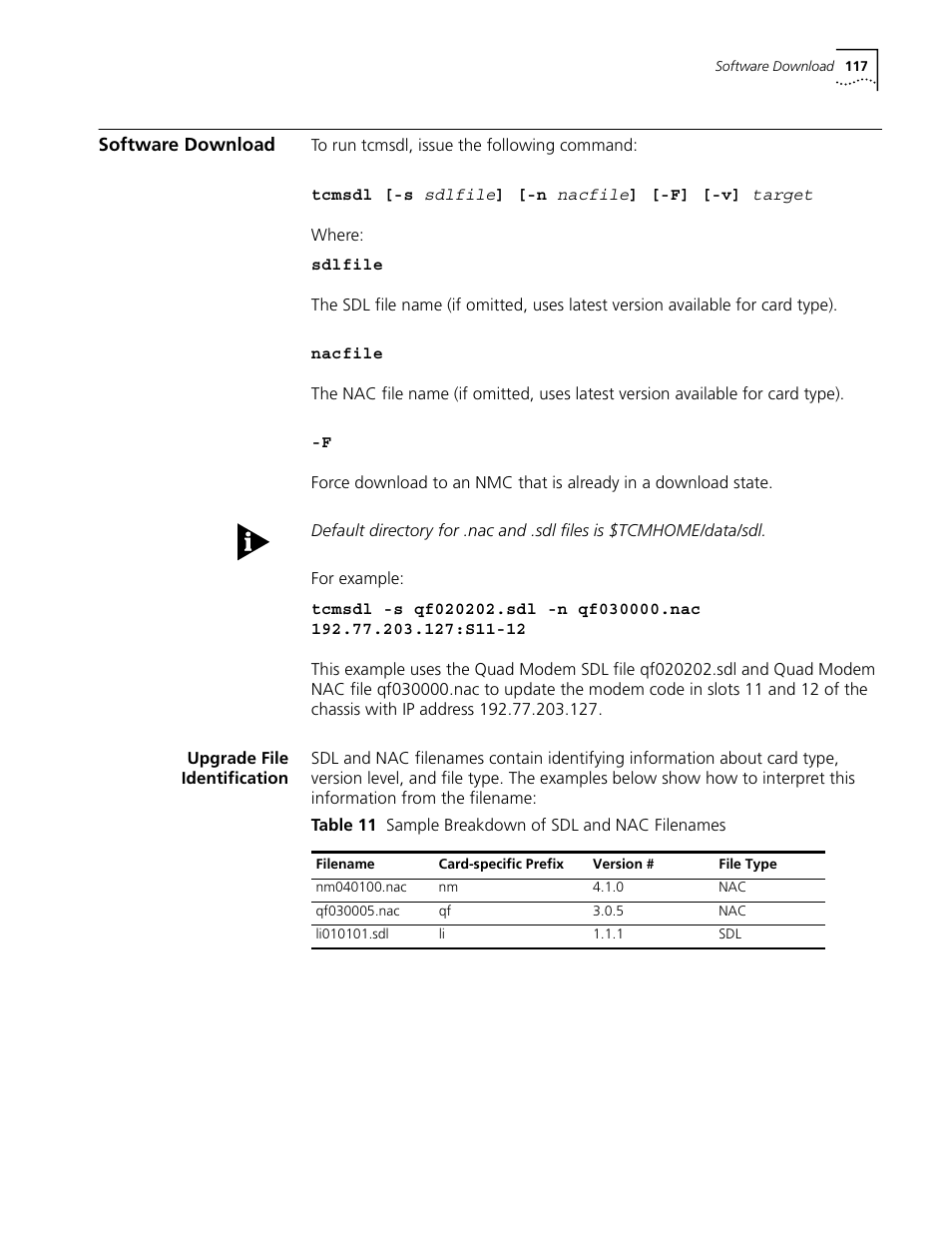 Software download, Upgrade file identification, Table 11 sample breakdown of sdl and nac filenames | 3Com CommWorks 5210 User Manual | Page 117 / 144