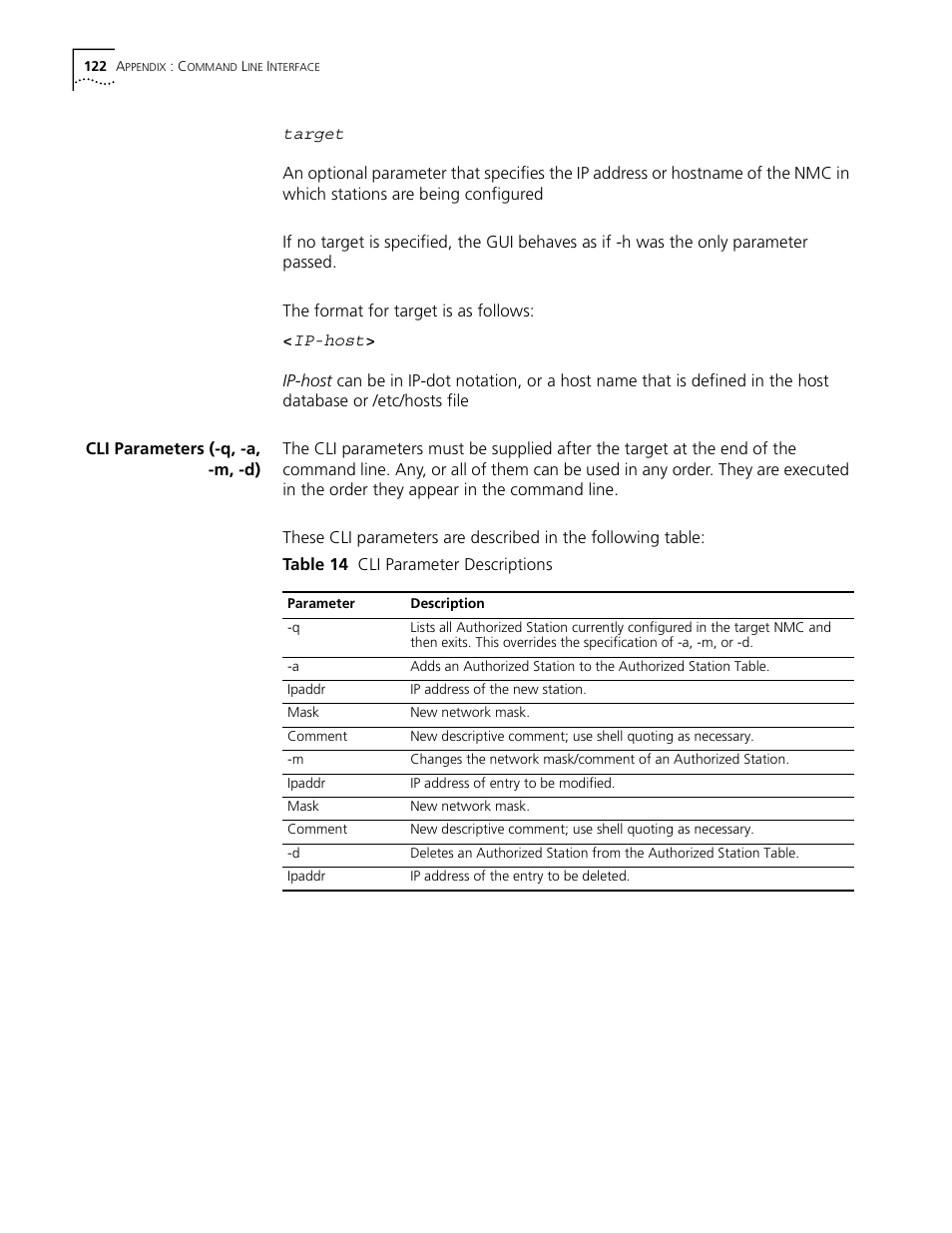 Cli parameters (-q, -a, -m, -d), Table 14 cli parameter descriptions | 3Com CommWorks 5210 User Manual | Page 122 / 144