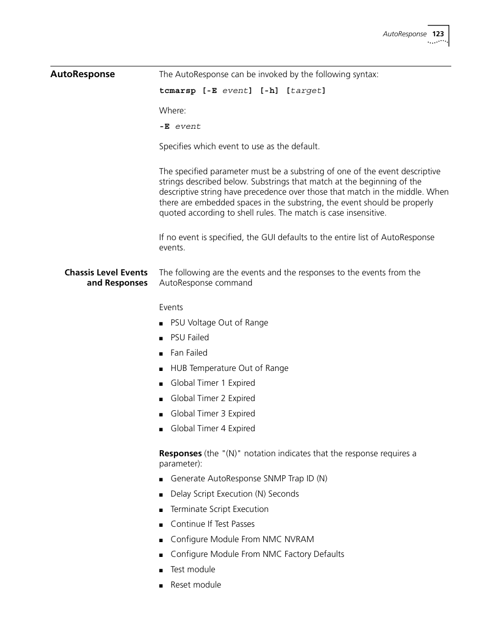 Autoresponse, Chassis level events and responses | 3Com CommWorks 5210 User Manual | Page 123 / 144