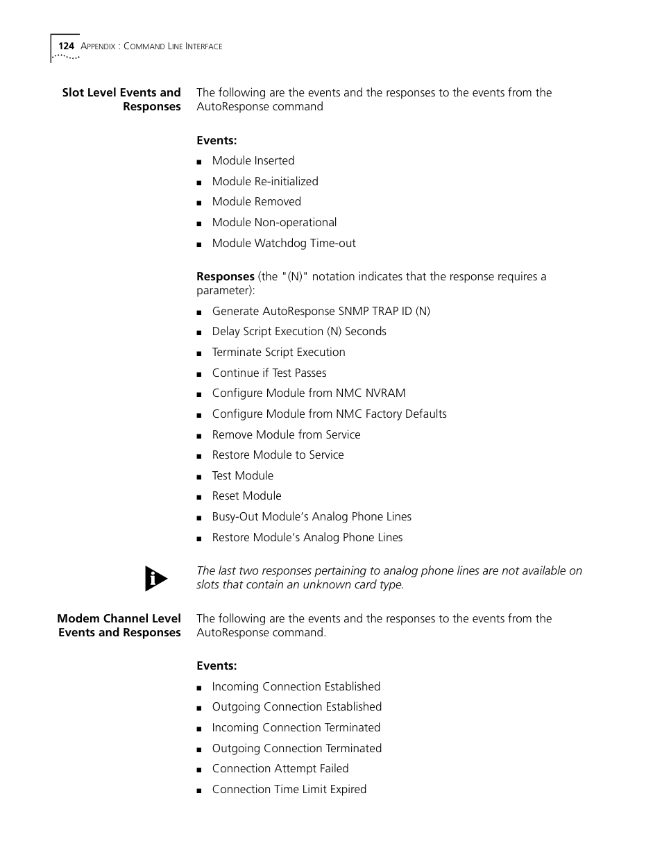 Slot level events and responses, Modem channel level events and responses | 3Com CommWorks 5210 User Manual | Page 124 / 144