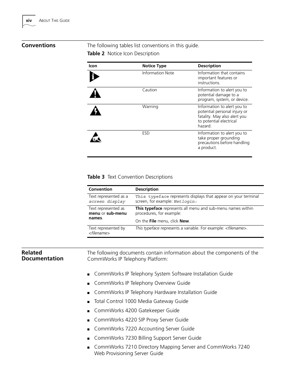 Conventions, Related documentation | 3Com CommWorks 5210 User Manual | Page 14 / 144
