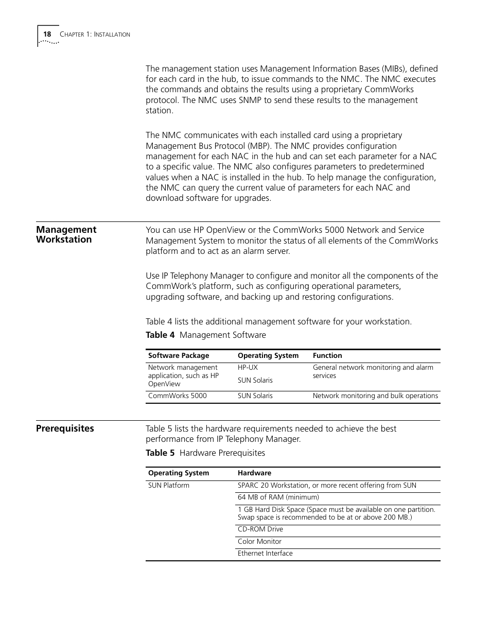 Management workstation, Prerequisites, Management workstation prerequisites | 3Com CommWorks 5210 User Manual | Page 18 / 144