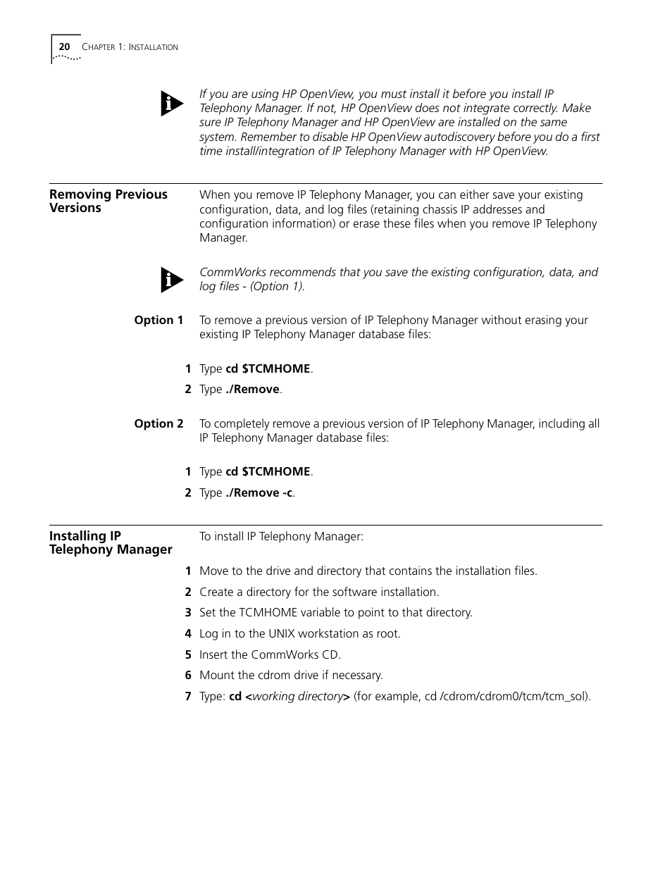 Removing previous versions, Option 1, Option 2 | Installing ip telephony manager, Option 1 option 2 | 3Com CommWorks 5210 User Manual | Page 20 / 144