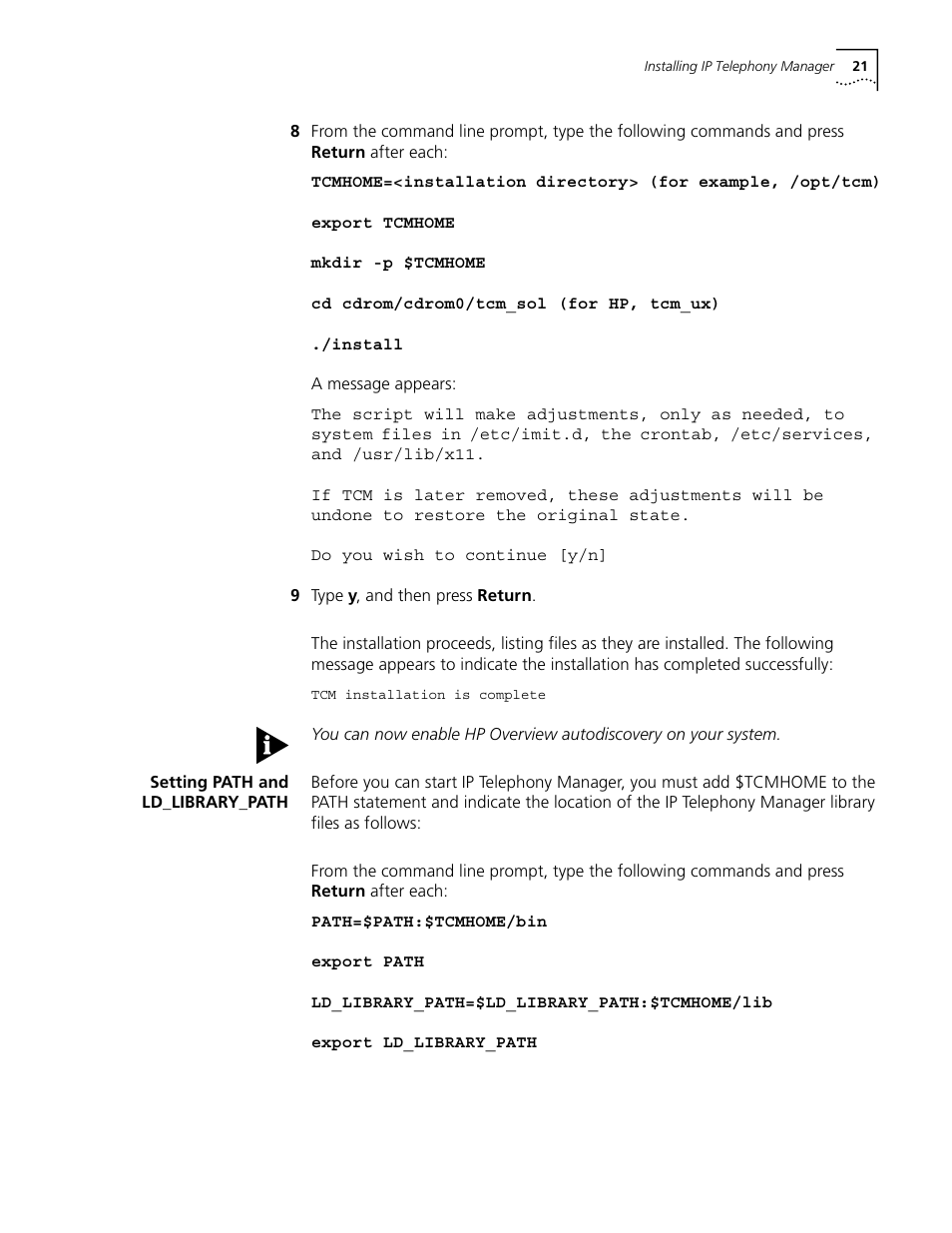 Setting path and ld_library_path | 3Com CommWorks 5210 User Manual | Page 21 / 144