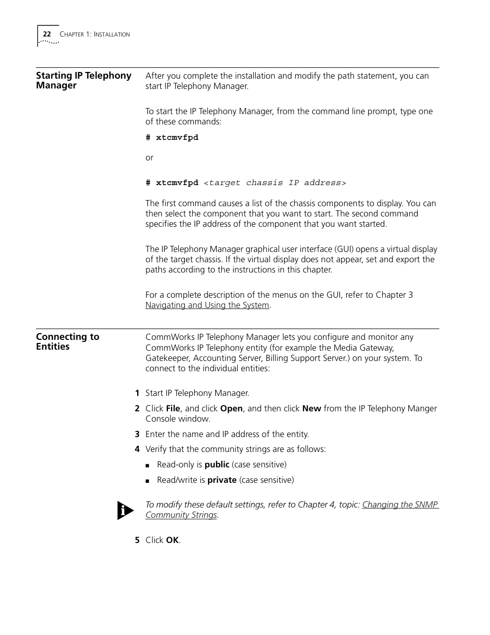 Starting ip telephony manager, Connecting to entities | 3Com CommWorks 5210 User Manual | Page 22 / 144