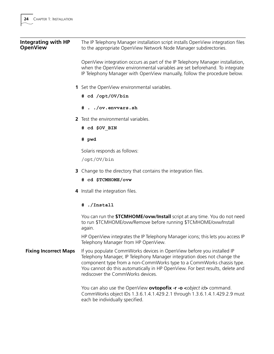 Integrating with hp openview, Fixing incorrect maps | 3Com CommWorks 5210 User Manual | Page 24 / 144