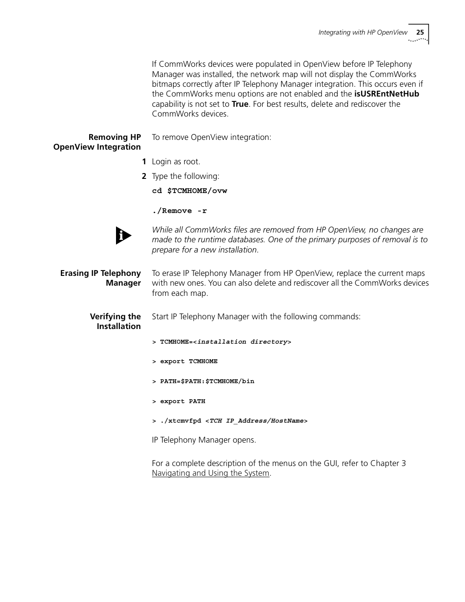 Removing hp openview integration, Erasing ip telephony manager, Verifying the installation | 3Com CommWorks 5210 User Manual | Page 25 / 144