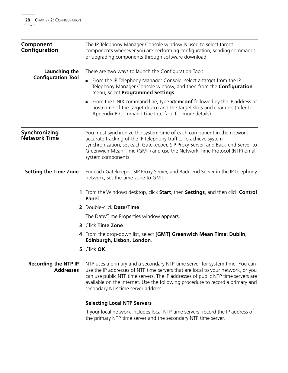 Component configuration, Launching the configuration tool, Synchronizing network time | Setting the time zone, Recording the ntp ip addresses, Selecting local ntp servers | 3Com CommWorks 5210 User Manual | Page 28 / 144