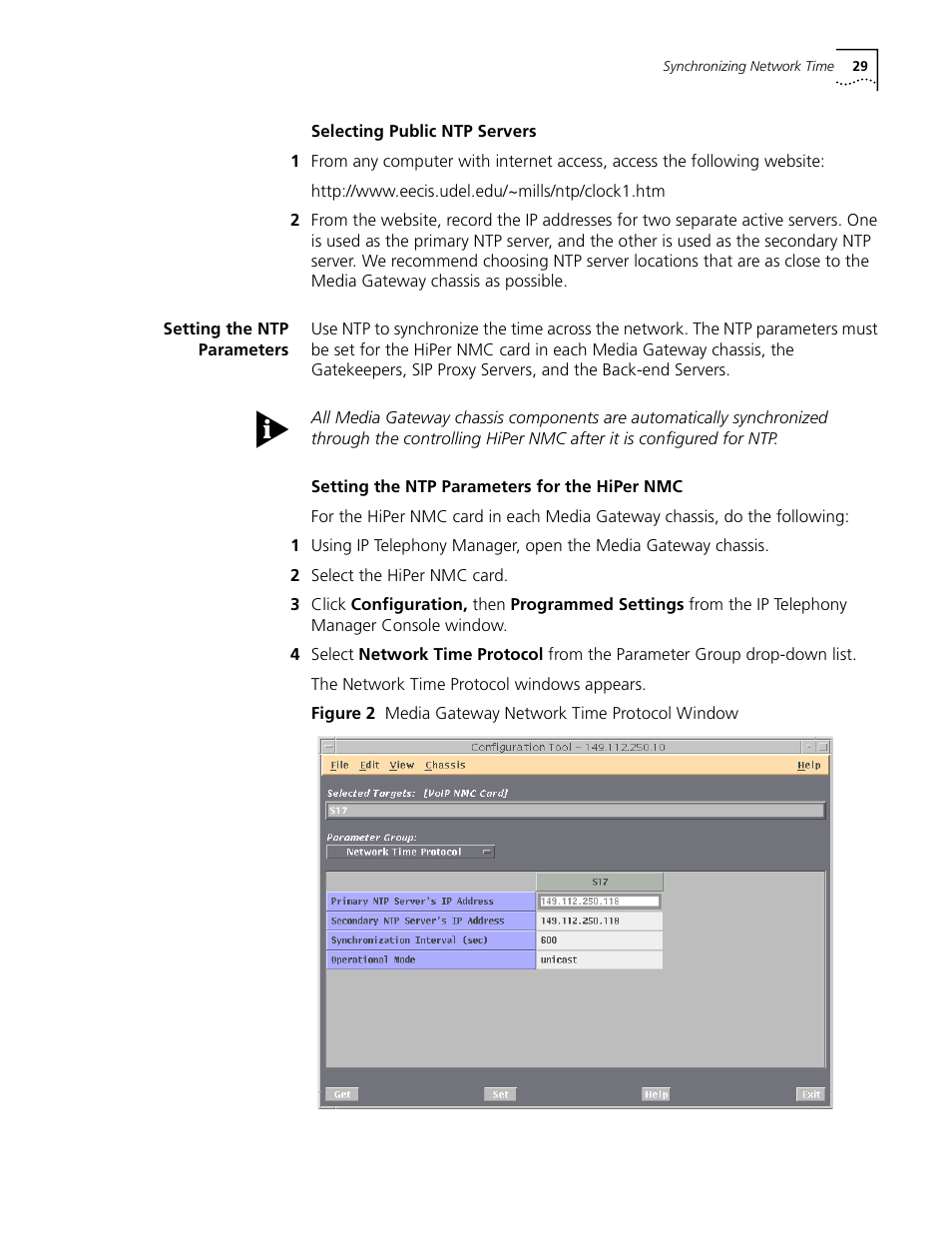 Selecting public ntp servers, Setting the ntp parameters, Setting the ntp parameters for the hiper nmc | 3Com CommWorks 5210 User Manual | Page 29 / 144