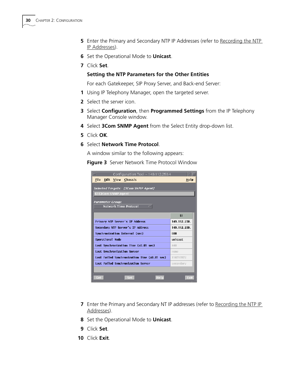Setting the ntp parameters for the other entities, Figure 3 server network time protocol window | 3Com CommWorks 5210 User Manual | Page 30 / 144