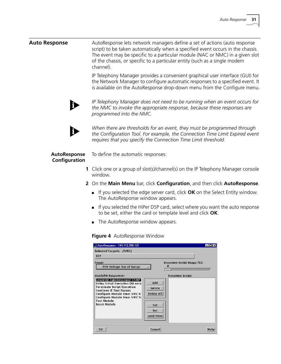 Auto response, Autoresponse configuration, Figure 4 autoresponse window | 3Com CommWorks 5210 User Manual | Page 31 / 144