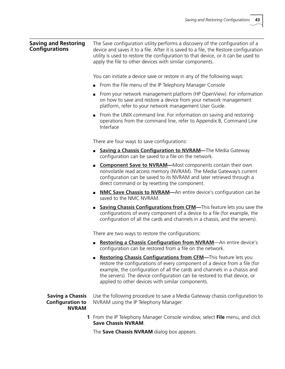 Saving and restoring configurations, Saving a chassis configuration to nvram | 3Com CommWorks 5210 User Manual | Page 43 / 144