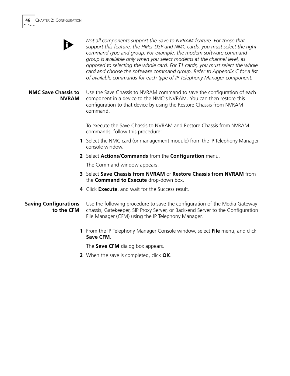 Nmc save chassis to nvram, Saving configurations to the cfm | 3Com CommWorks 5210 User Manual | Page 46 / 144