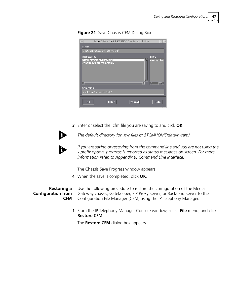 Restoring a configuration from cfm, Figure 21 save chassis cfm dialog box | 3Com CommWorks 5210 User Manual | Page 47 / 144