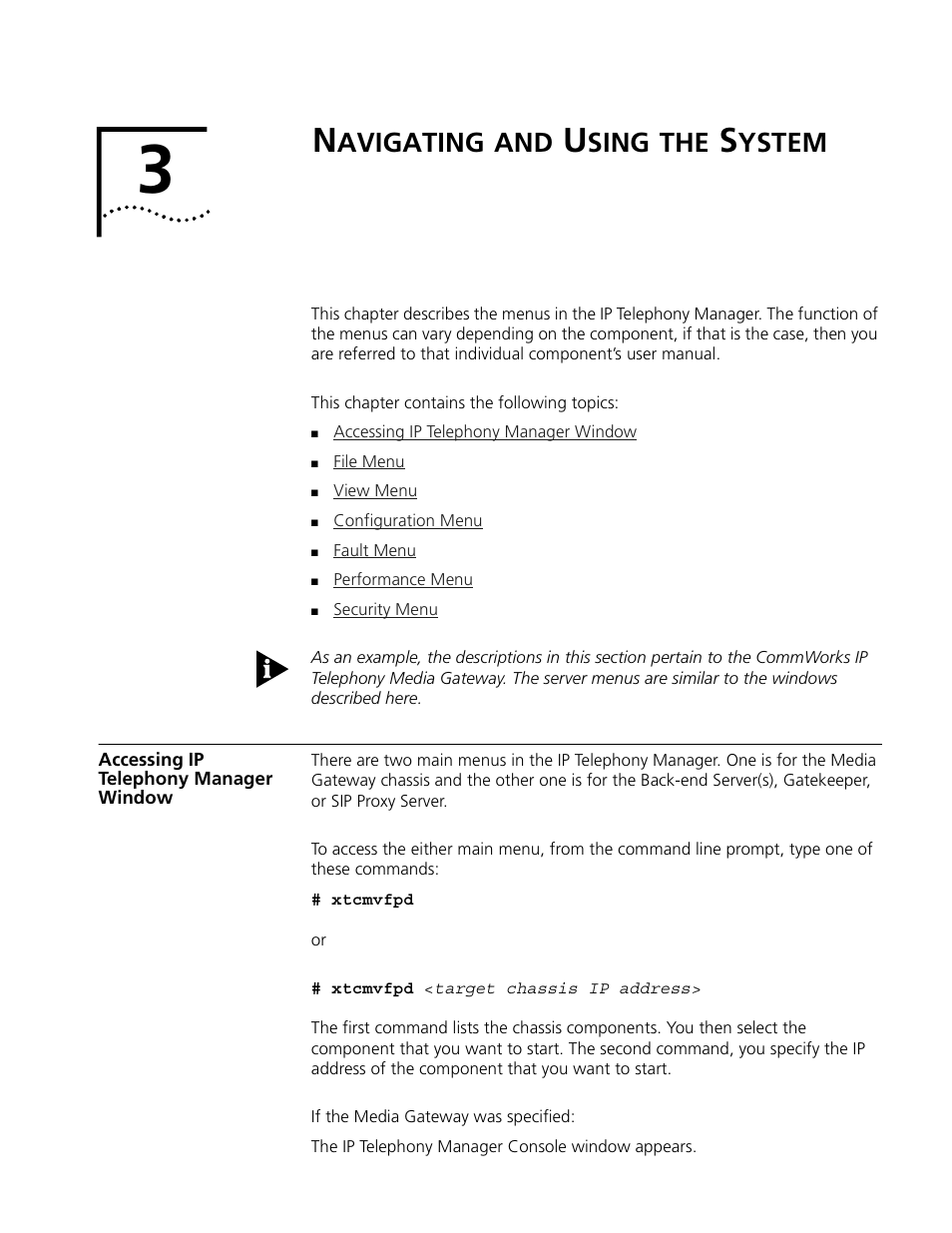 Navigating and using the system, Accessing ip telephony manager window, Avigating | Sing, Ystem | 3Com CommWorks 5210 User Manual | Page 49 / 144