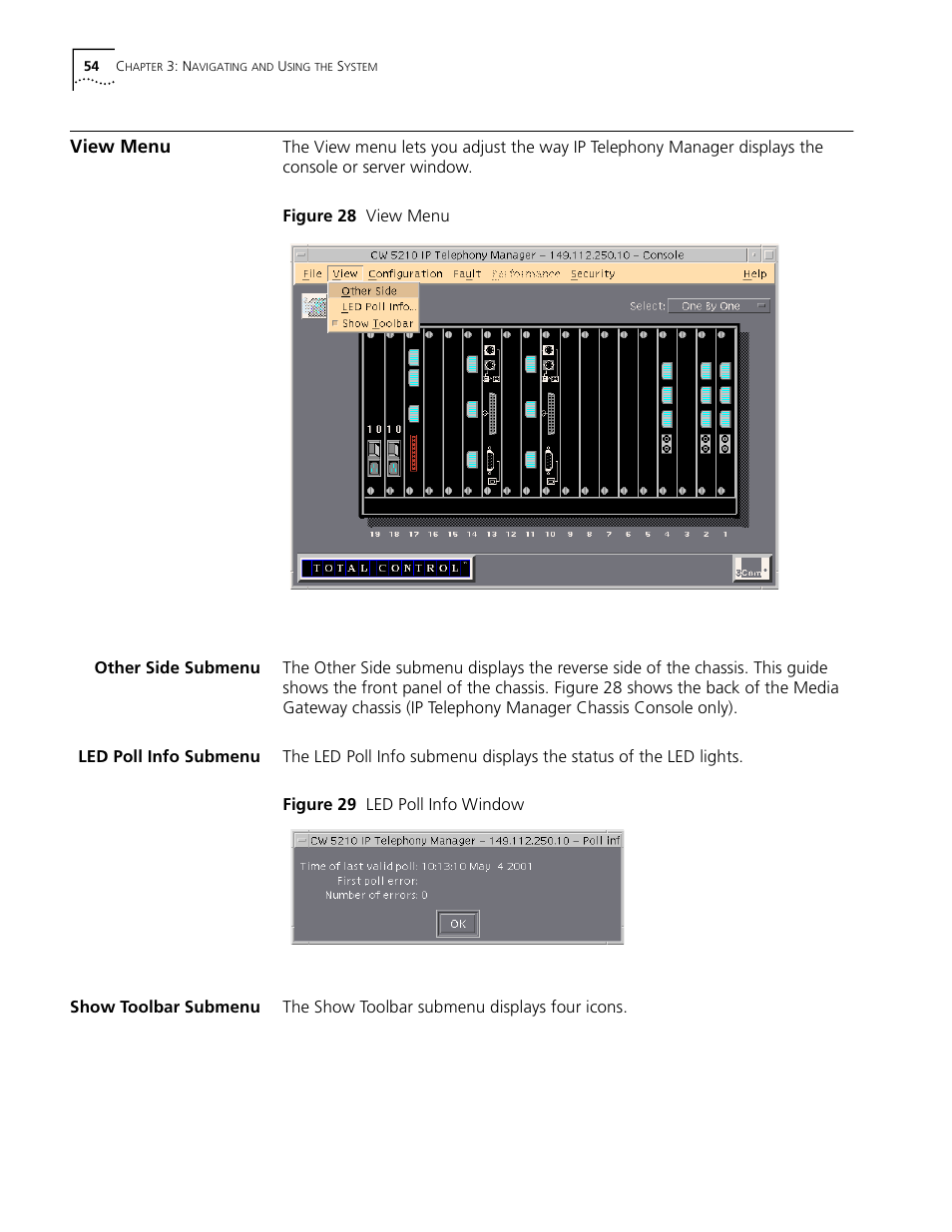 View menu, Other side submenu, Led poll info submenu | Show toolbar submenu, Figure 28 view menu figure 29 led poll info window | 3Com CommWorks 5210 User Manual | Page 54 / 144