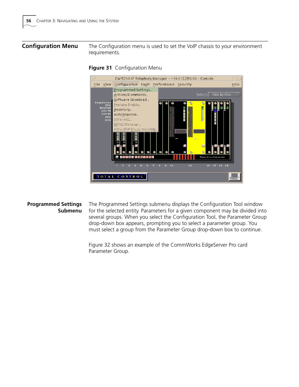 Configuration menu, Programmed settings submenu, Figure 31 configuration menu | 3Com CommWorks 5210 User Manual | Page 56 / 144