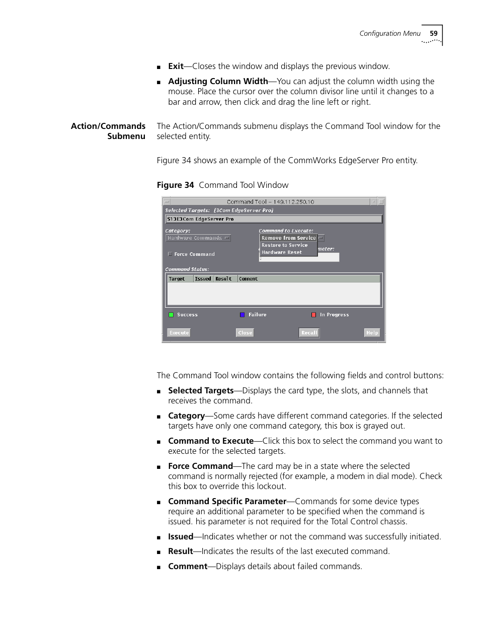 Action/commands submenu, Figure 34 command tool window | 3Com CommWorks 5210 User Manual | Page 59 / 144