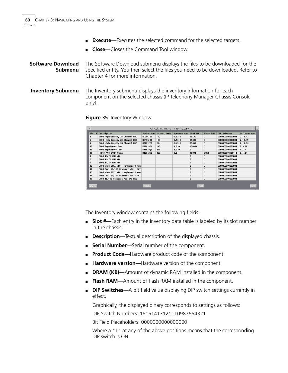 Software download submenu, Inventory submenu, Software download submenu inventory submenu | Figure 35 inventory window | 3Com CommWorks 5210 User Manual | Page 60 / 144