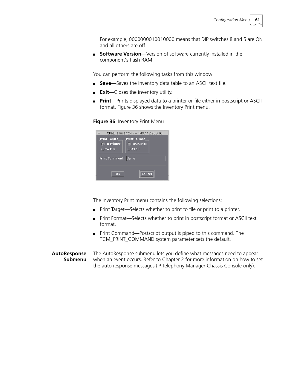 Autoresponse submenu, Figure 36 inventory print menu | 3Com CommWorks 5210 User Manual | Page 61 / 144