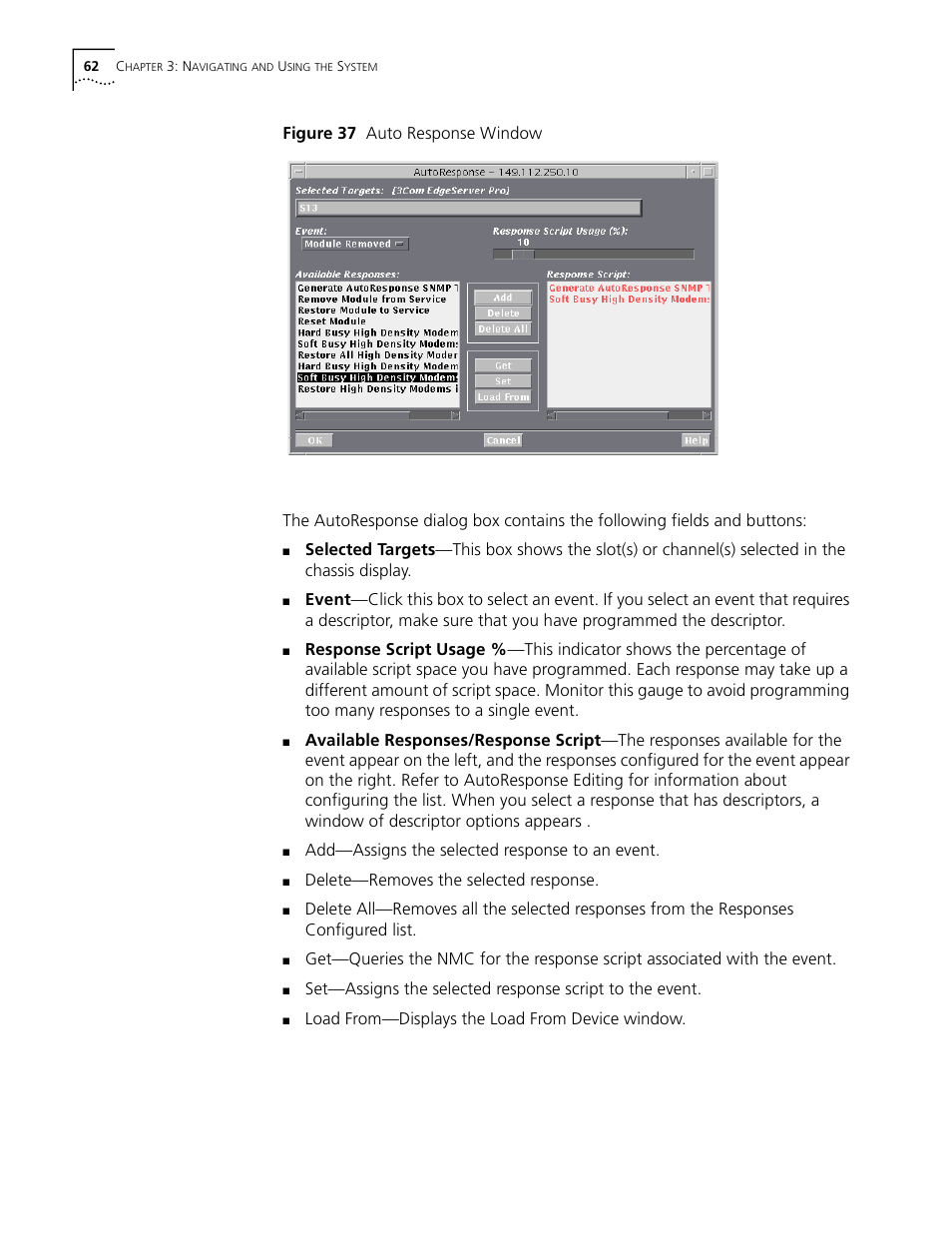 Figure 37 auto response window, Add—assigns the selected response to an event, Delete—removes the selected response | Load from—displays the load from device window | 3Com CommWorks 5210 User Manual | Page 62 / 144