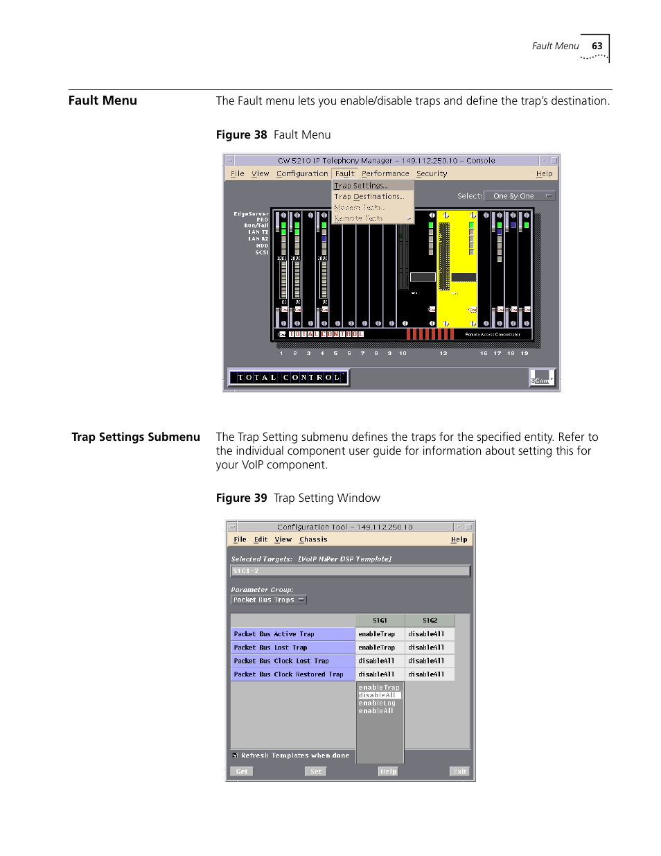 Fault menu, Trap settings submenu, Figure 38 fault menu figure 39 trap setting window | 3Com CommWorks 5210 User Manual | Page 63 / 144