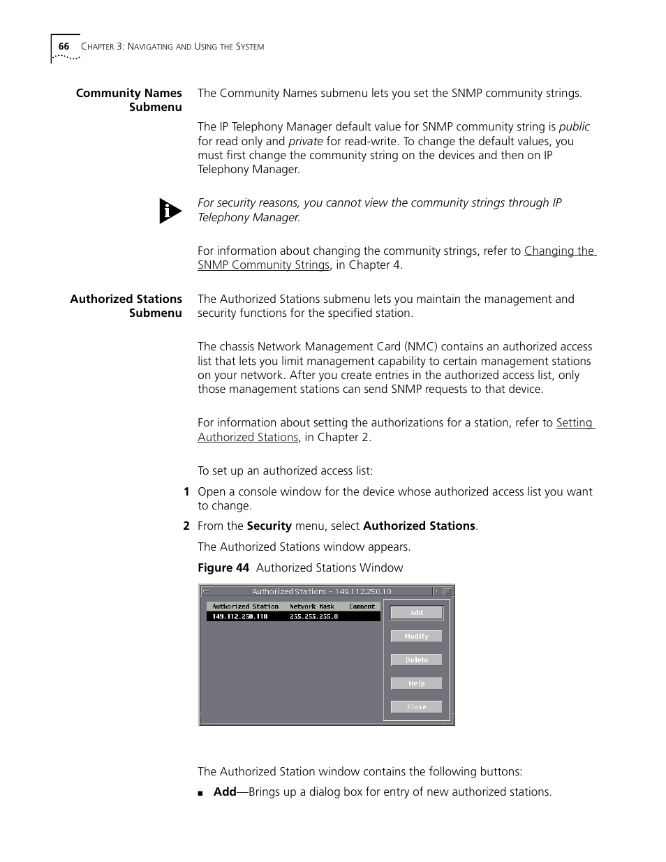 Community names submenu, Authorized stations submenu, Figure 44 authorized stations window | 3Com CommWorks 5210 User Manual | Page 66 / 144