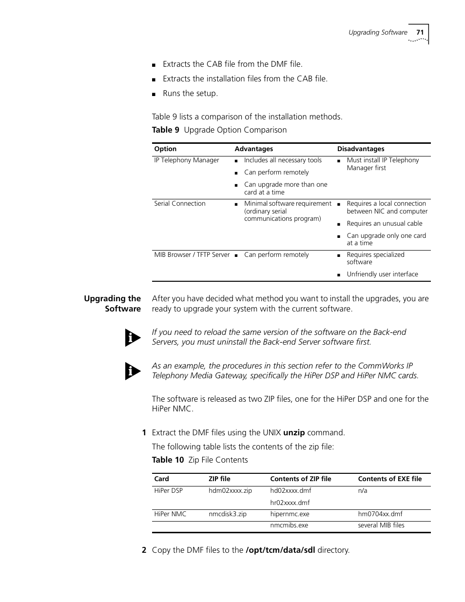 Upgrading the software, Table 9 upgrade option comparison, Table 10 zip file contents | Extracts the cab file from the dmf file, Extracts the installation files from the cab file | 3Com CommWorks 5210 User Manual | Page 71 / 144