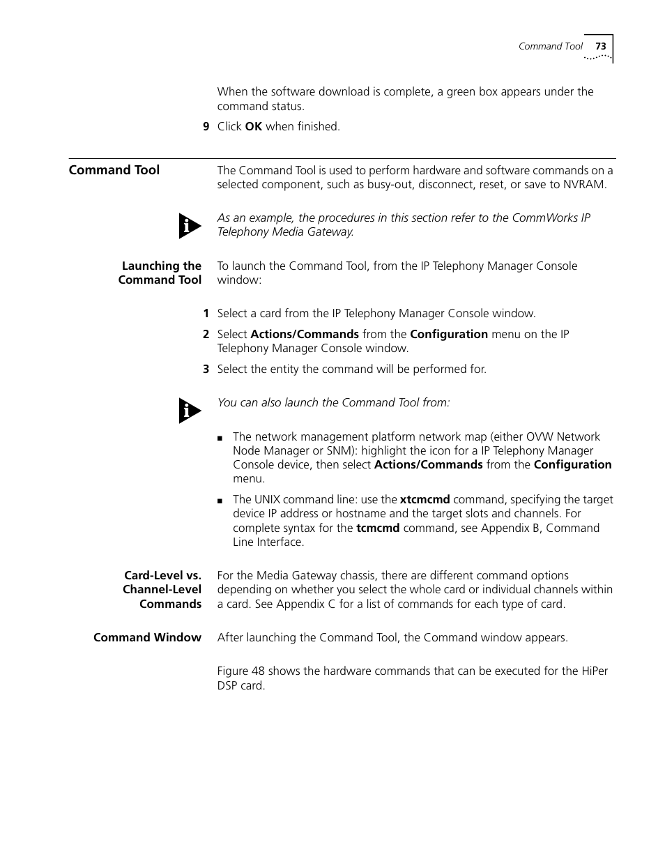 Command tool, Launching the command tool, Card-level vs. channel-level commands | Command window | 3Com CommWorks 5210 User Manual | Page 73 / 144