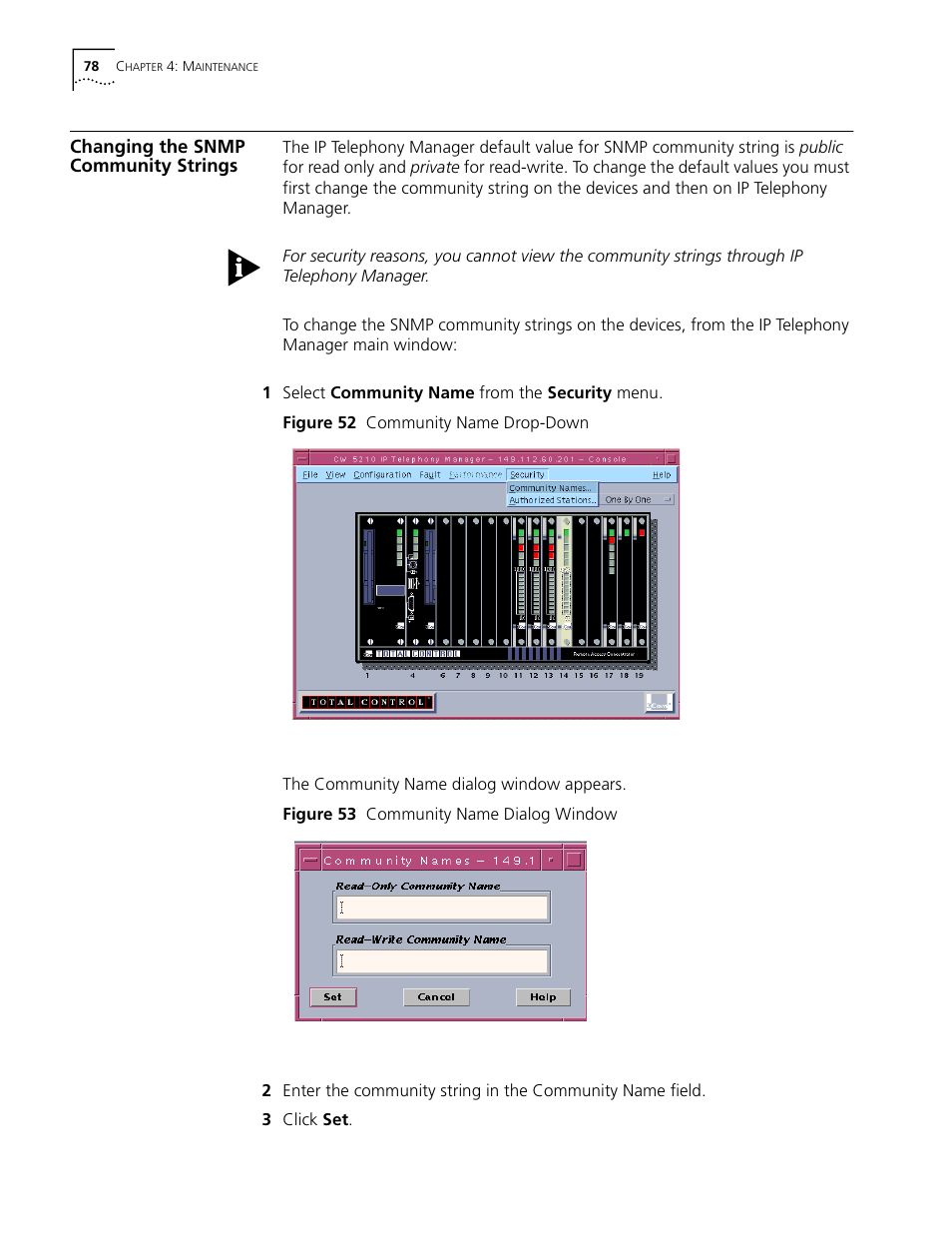 Changing the snmp community strings, Changing the snmp, Community strings | Changing the, Snmp community strings | 3Com CommWorks 5210 User Manual | Page 78 / 144