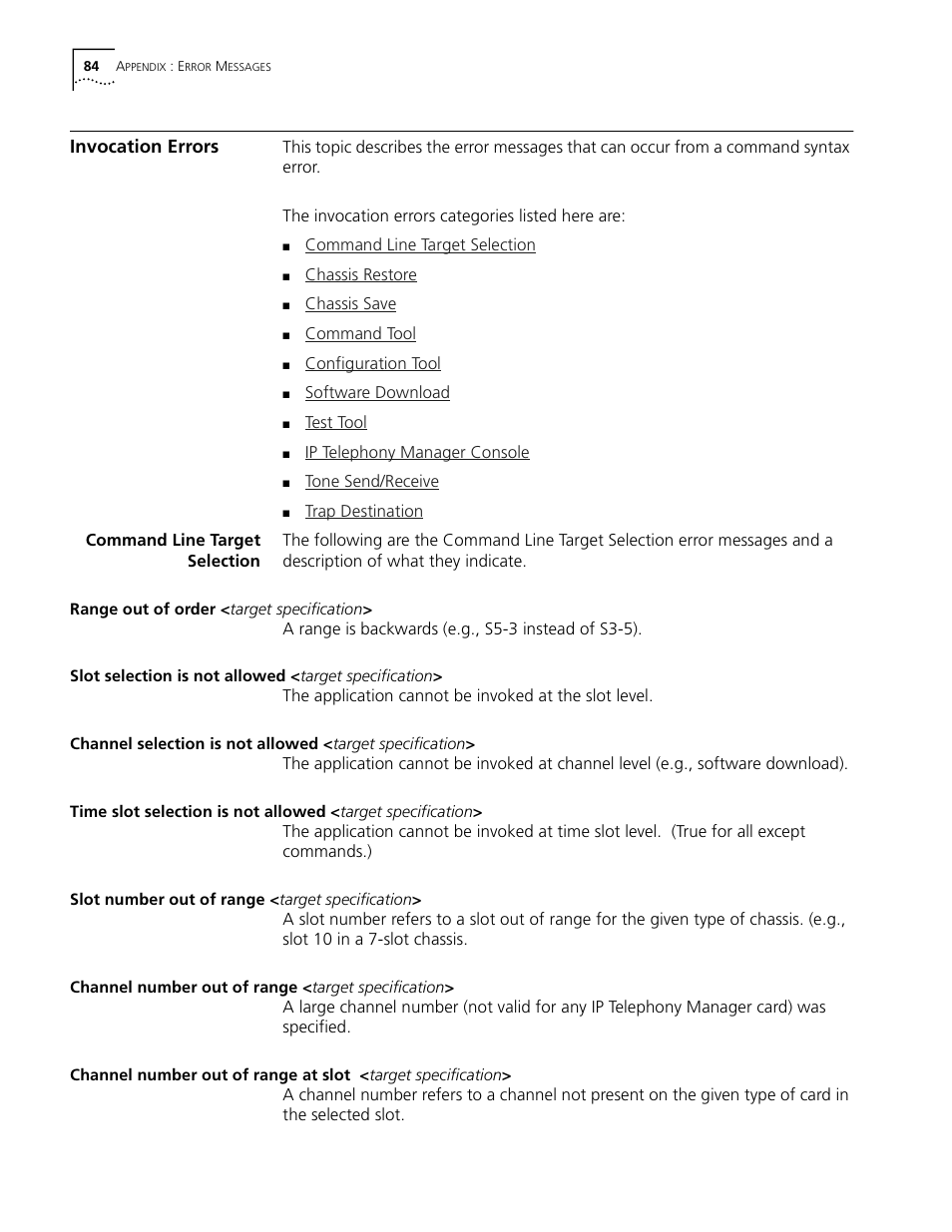 Invocation errors, Command line target selection | 3Com CommWorks 5210 User Manual | Page 84 / 144
