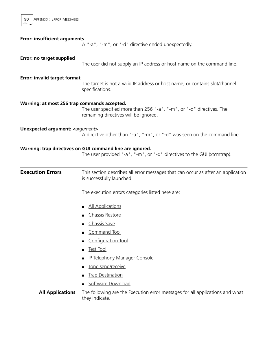 Execution errors, All applications | 3Com CommWorks 5210 User Manual | Page 90 / 144