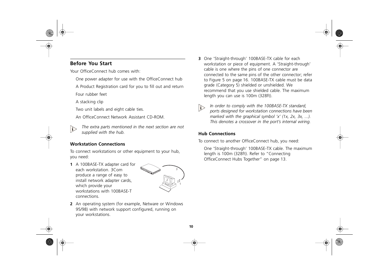 Before you start, Workstation connections, Hub connections | Before you start 10, Workstation connections 10, Hub connections 10 | 3Com 3C16722A User Manual | Page 10 / 36