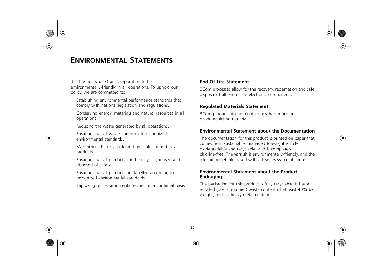 Environmental statements, End of life statement, Regulated materials statement | Environmental statement about the documentation, Environmental statements 20, End of life statement 20, Regulated materials statement 20, Environmental statement about the documentation 20, Nvironmental, Tatements | 3Com 3C16722A User Manual | Page 20 / 36