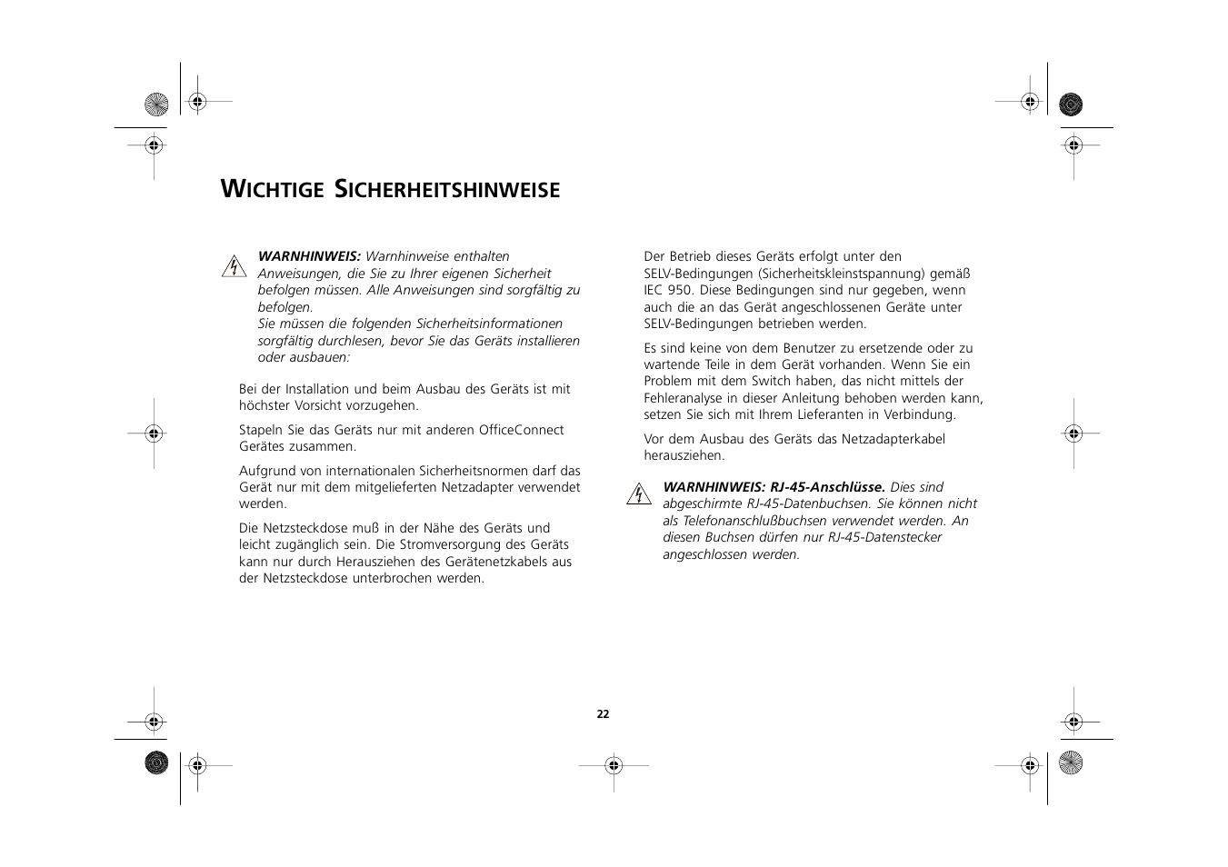 Wichtige sicherheitshinweise, Wichtige sicherheitshinweise 22, Ichtige | Icherheitshinweise | 3Com 3C16722A User Manual | Page 22 / 36