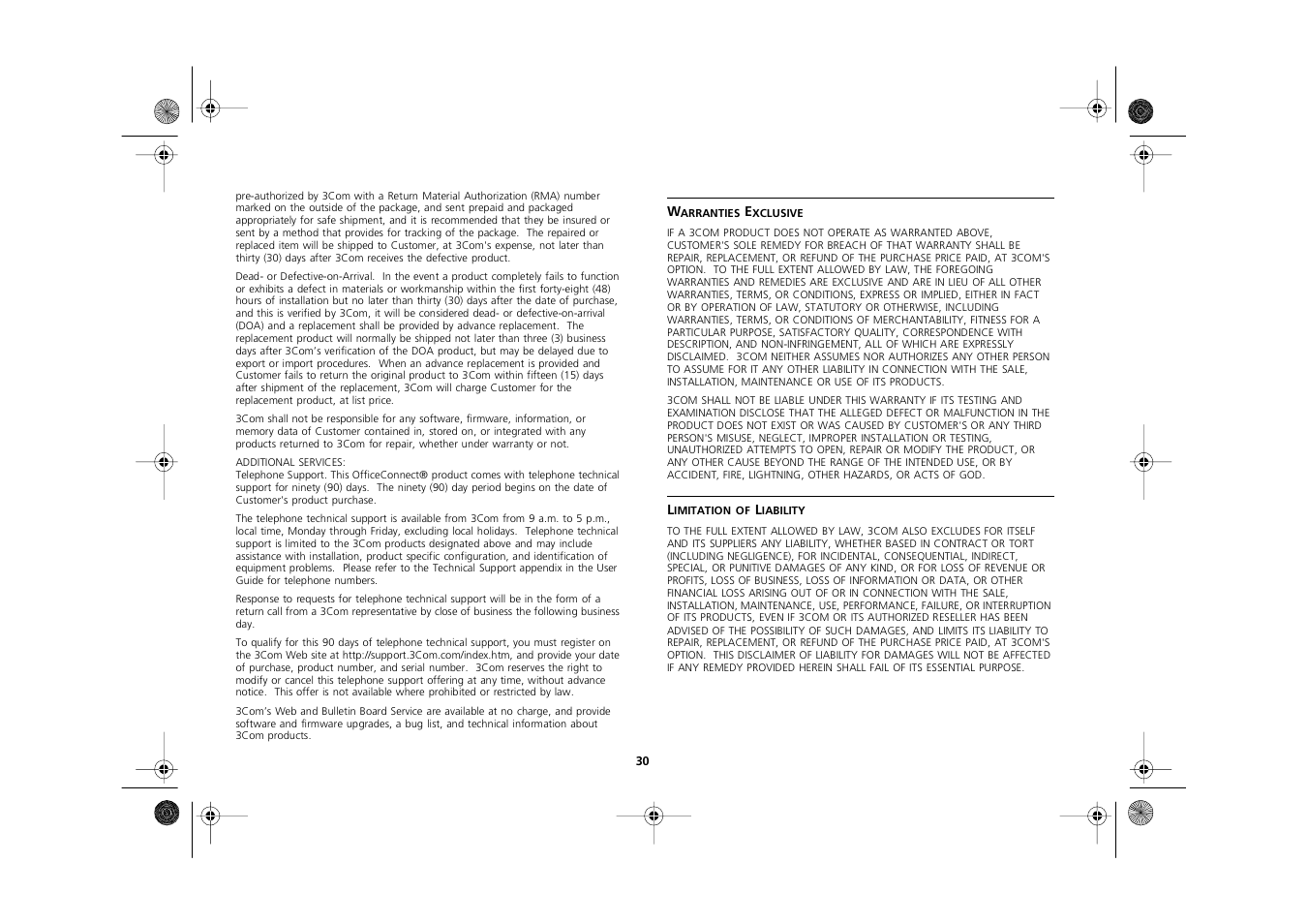 Warranties exclusive, Limitation of liability | 3Com 3C16722A User Manual | Page 30 / 36