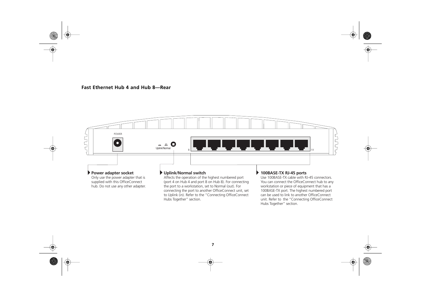 Fast ethernet hub 4 and hub 8—rear, Fast ethernet hub 4 and hub 8—rear 7 | 3Com 3C16722A User Manual | Page 7 / 36