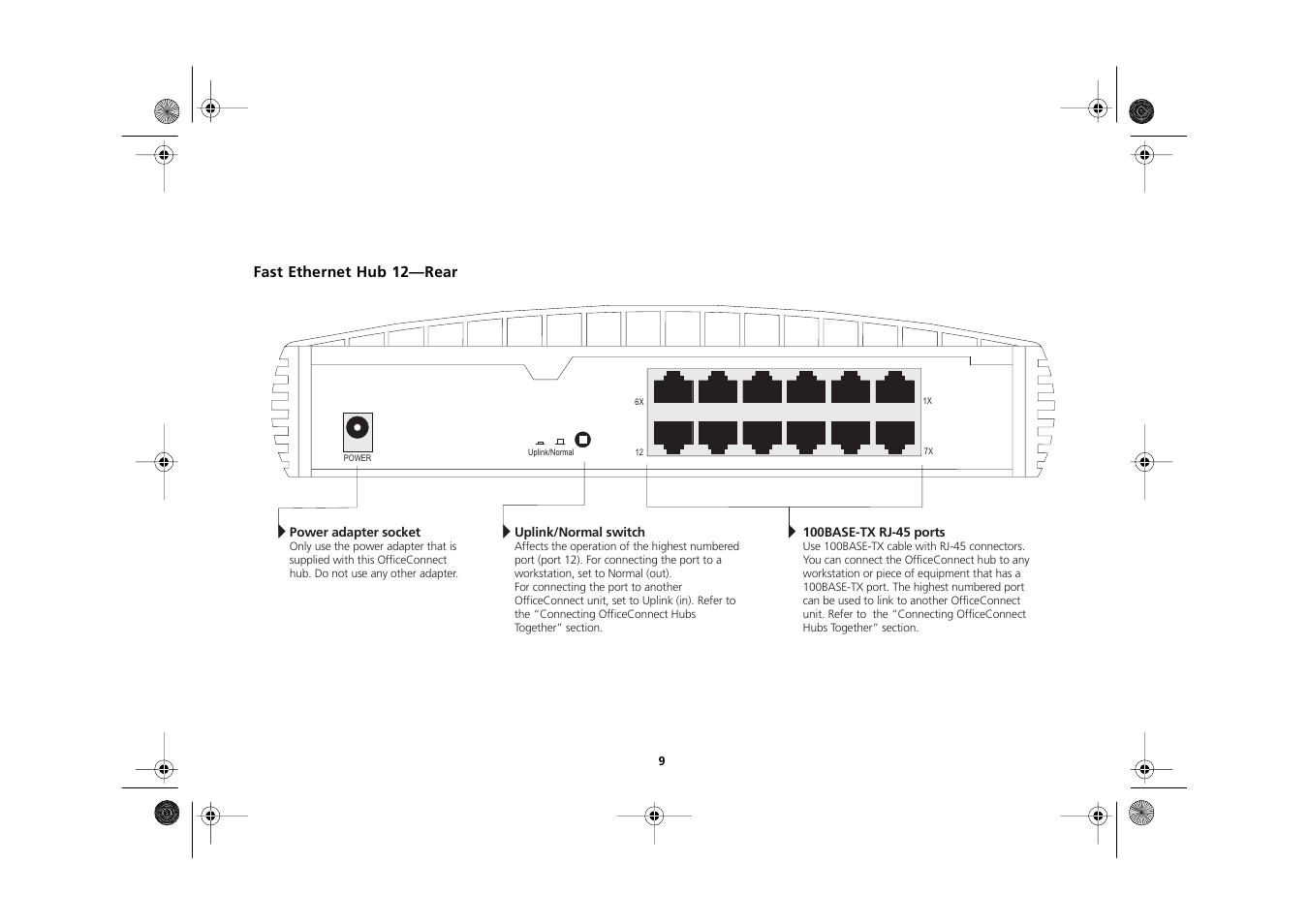 Fast ethernet hub 12—rear, Fast ethernet hub 12—rear 9 | 3Com 3C16722A User Manual | Page 9 / 36