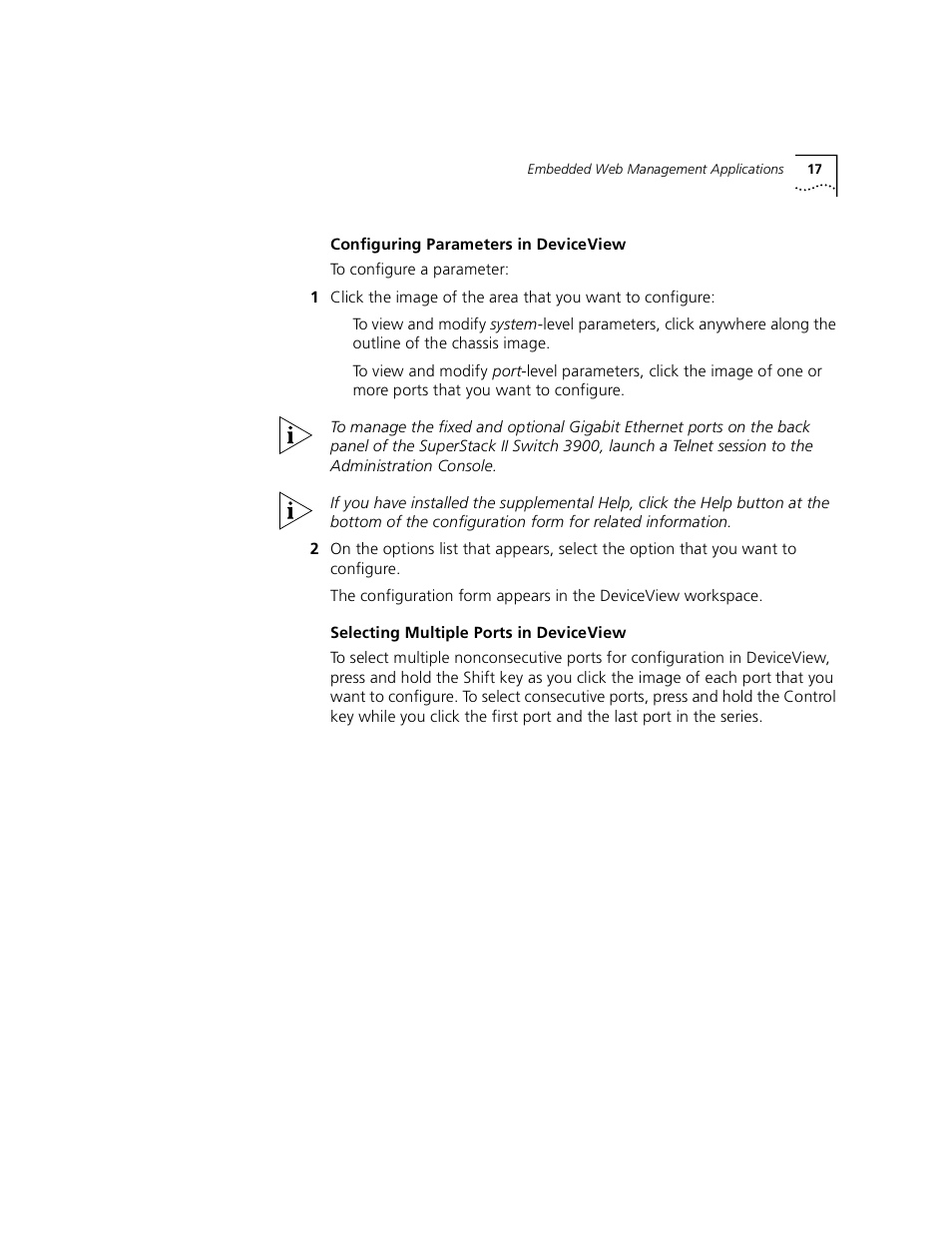 Configuring parameters in deviceview, Selecting multiple ports in deviceview, D “configuring parameters in deviceview | 3Com 3900 User Manual | Page 17 / 36