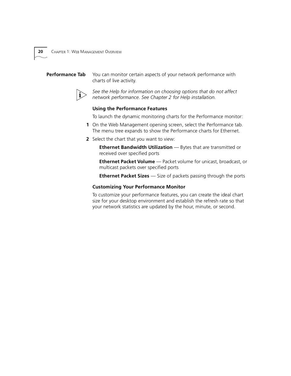 Performance tab, Using the performance features, Customizing your performance monitor | Ee “performance tab, See “performance tab | 3Com 3900 User Manual | Page 20 / 36