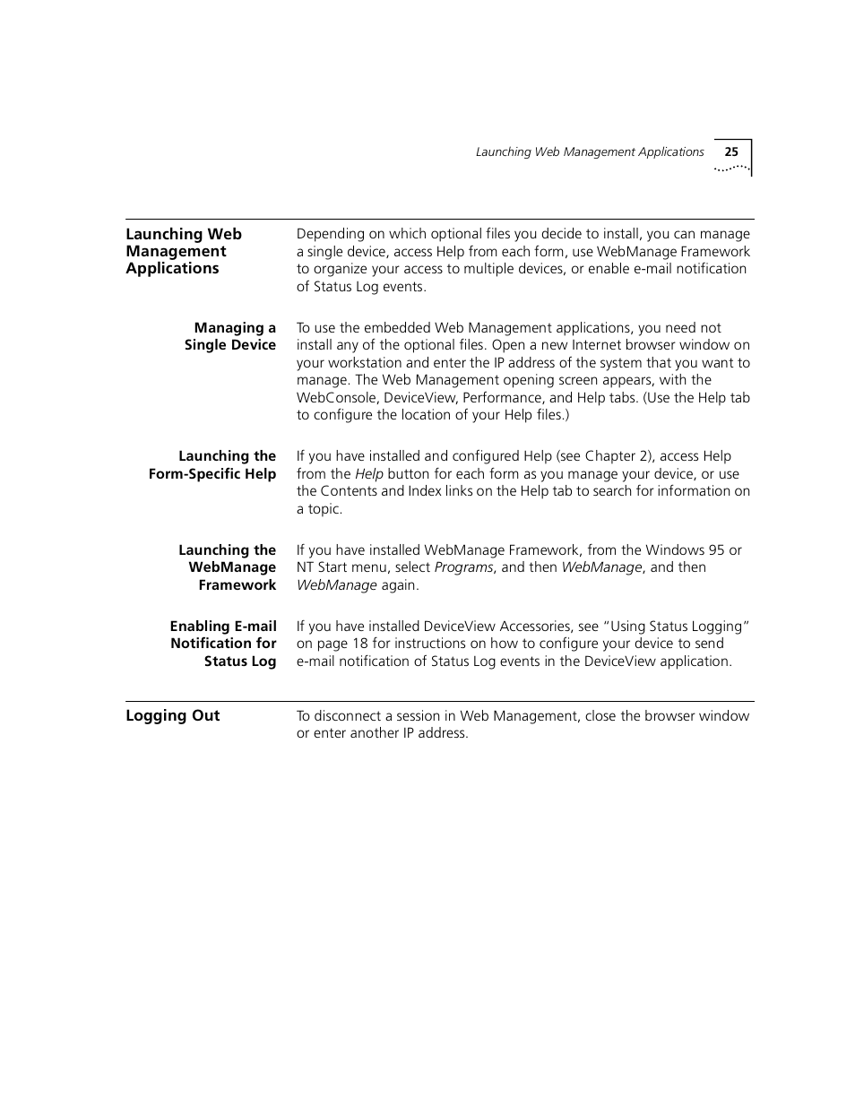 Launching web management applications, Managing a singledevice, Launching the form-specific help | Launching the webmanage framework, Enabling e-mail notification for status log, Logging out, Managing a single device | 3Com 3900 User Manual | Page 25 / 36