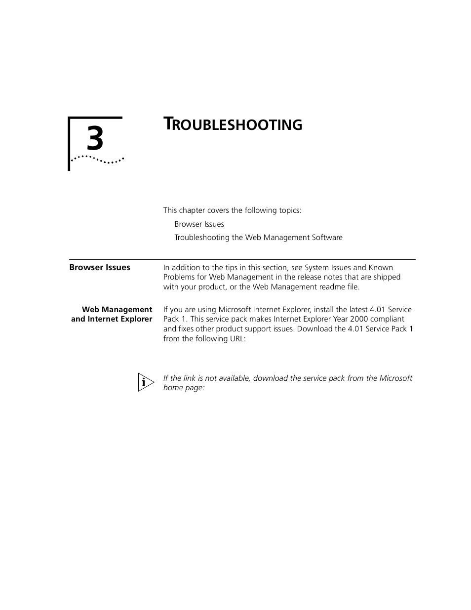 Troubleshooting, Browser issues, Web management and internet explorer | Roubleshooting, Chapter 3 | 3Com 3900 User Manual | Page 31 / 36