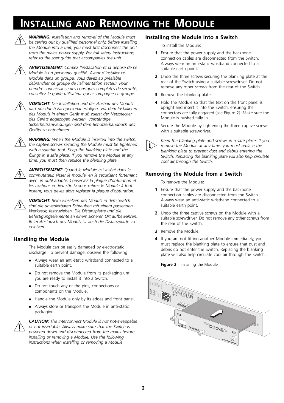 Installing and removing the module, Handling the module, Installing the module into a switch | Removing the module from a switch, Nstalling, Emoving, Odule | 3Com 3C17716 User Manual | Page 2 / 6