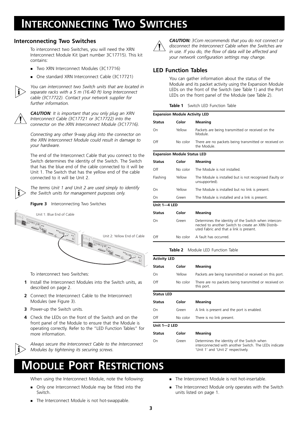 Interconnecting two switches, Led function tables, Module port restrictions | Nterconnecting, Witches, Odule, Estrictions | 3Com 3C17716 User Manual | Page 3 / 6