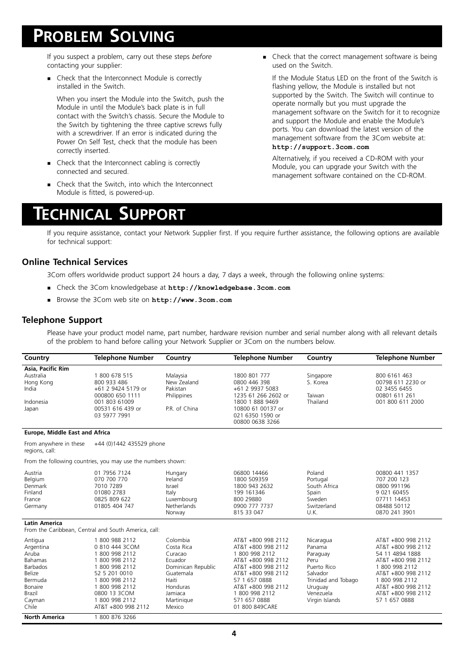 Problem solving, Technical support, Online technical services | Telephone support, Roblem, Olving, Echnical, Upport | 3Com 3C17716 User Manual | Page 4 / 6