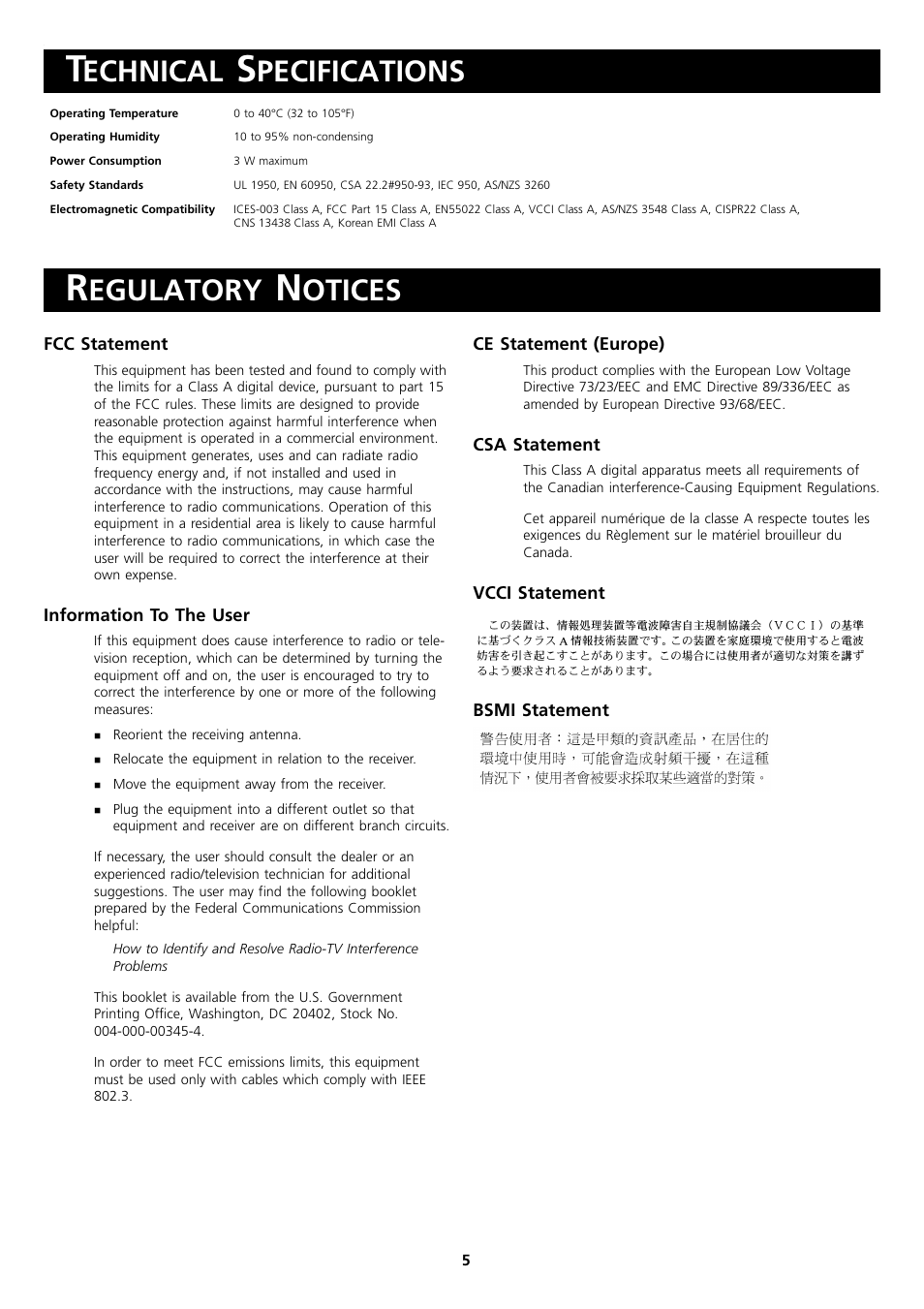 Technical specifications, Regulatory notices, Fcc statement | Information to the user, Ce statement (europe), Csa statement, Vcci statement, Bsmi statement, Echnical, Pecifications | 3Com 3C17716 User Manual | Page 5 / 6