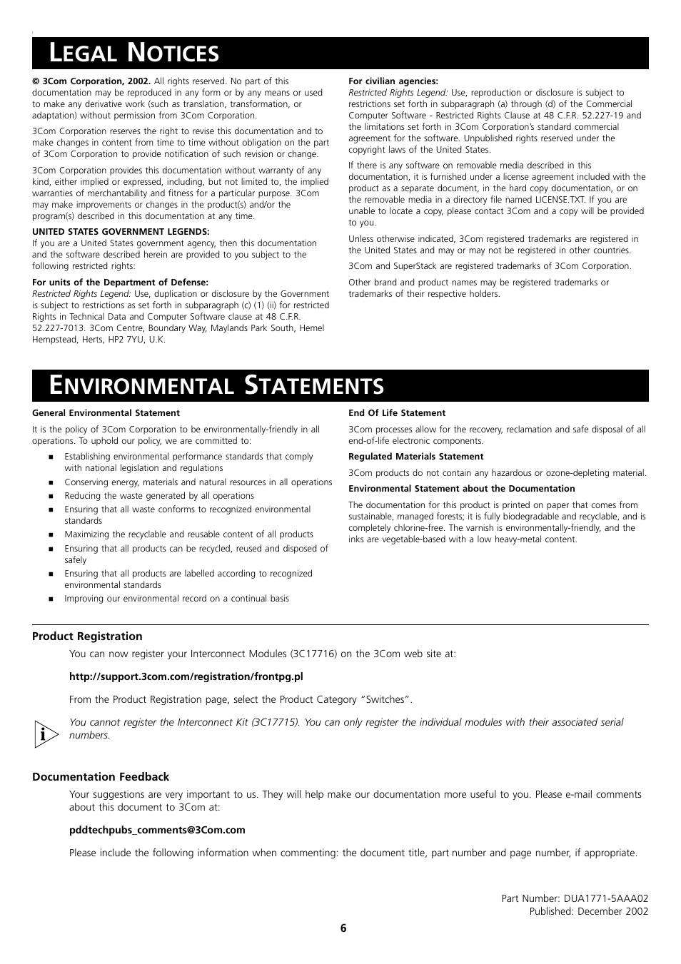 Legal notices, Environmental statements, Product registration | Documentation feedback, Egal, Otices, Nvironmental, Tatements | 3Com 3C17716 User Manual | Page 6 / 6