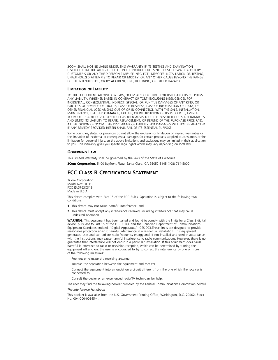 Fcc class b certification statement, Fcc c, Lass | Ertification, Tatement | 3Com 3C319 User Manual | Page 108 / 110