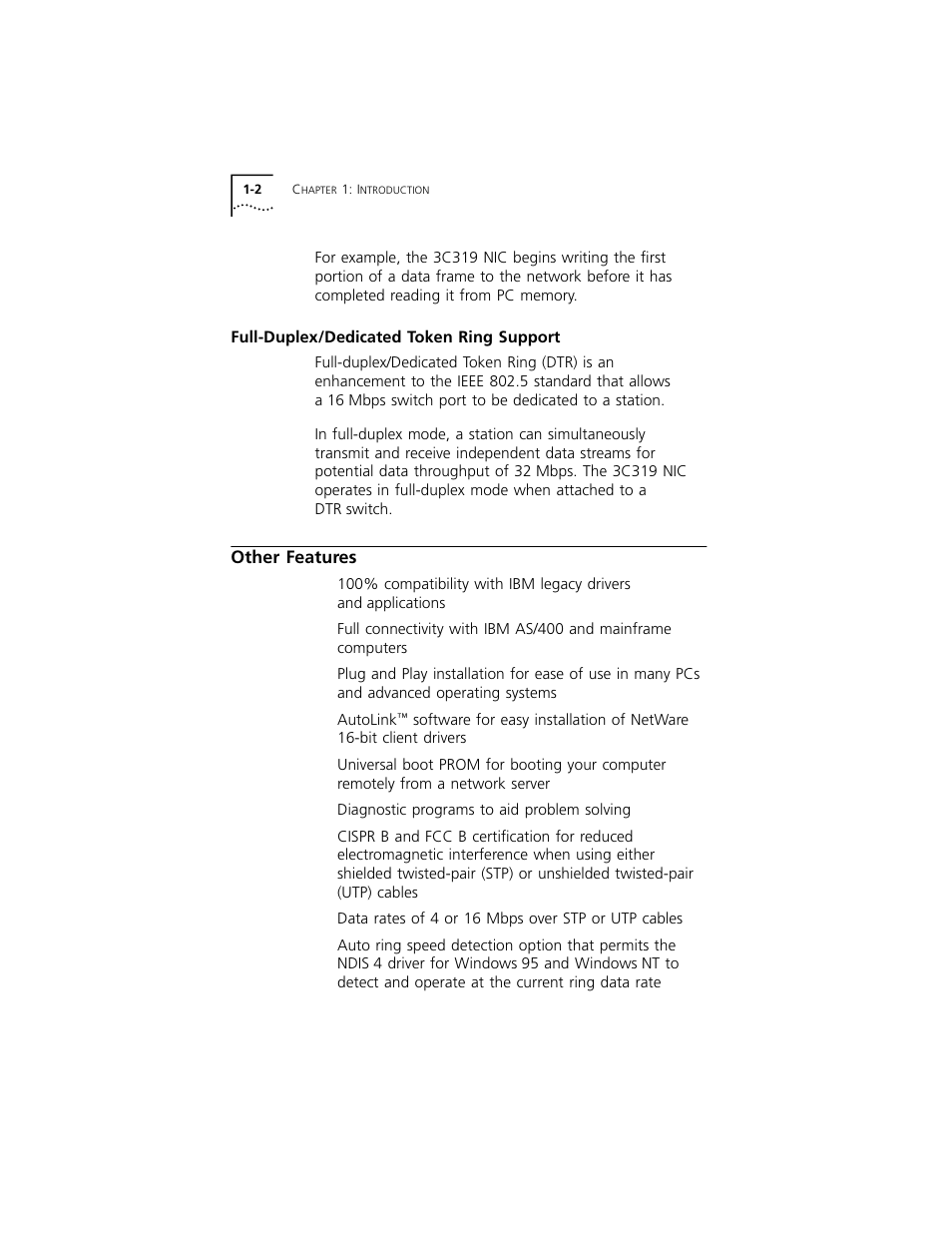 Full-duplex/dedicated token ring support, Other features, Full-duplex/dedicated token ring support 1-2 | Other features 1-2 | 3Com 3C319 User Manual | Page 18 / 110